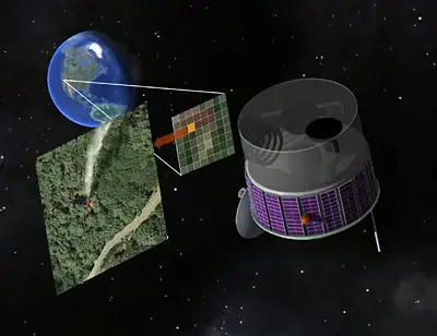 An artist’s concept of the FUEGO satellite, which would snap digital photos of the Western U.S. every few seconds in search of hot spots that could be newly ignited fires. Image by R. E. Lafever, Lawrence Berkeley National Laboratory.