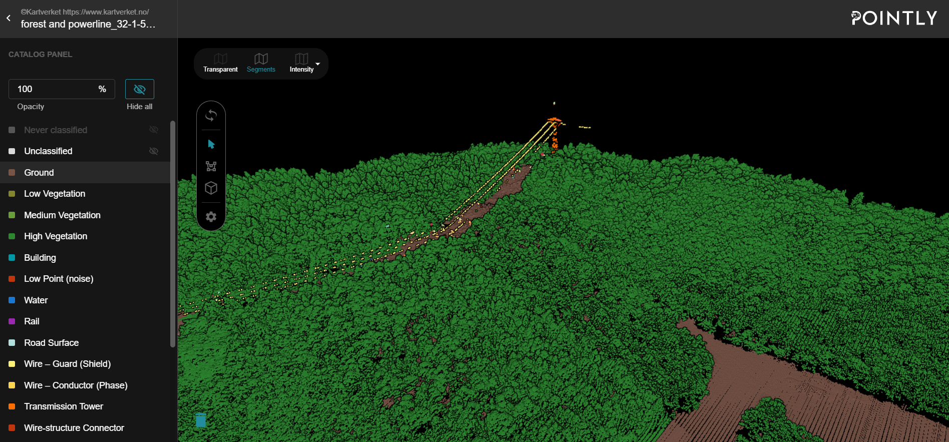 Classified point cloud in Pointly with vegetation, ground, powerlines (etc.)-Automated Point Cloud Analysis for Forestry Mapping