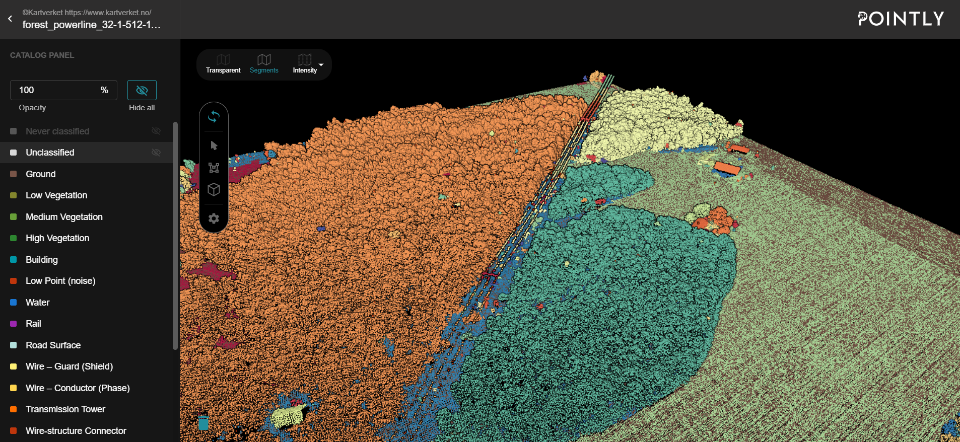 Segment view of a point cloud in Pointly (the classes on the left side do not reflect the color of the segments)