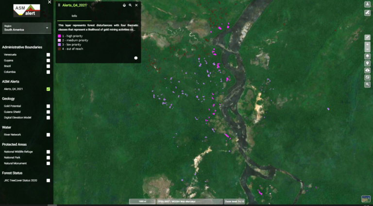 Detail example of ASM alerts for the Quarter IV in 2021 – lilac dots on the BING map background indicate new activity along river courses. The closer the dots are to the river, the higher the probability is that the forest disturbance relates to ASM.
