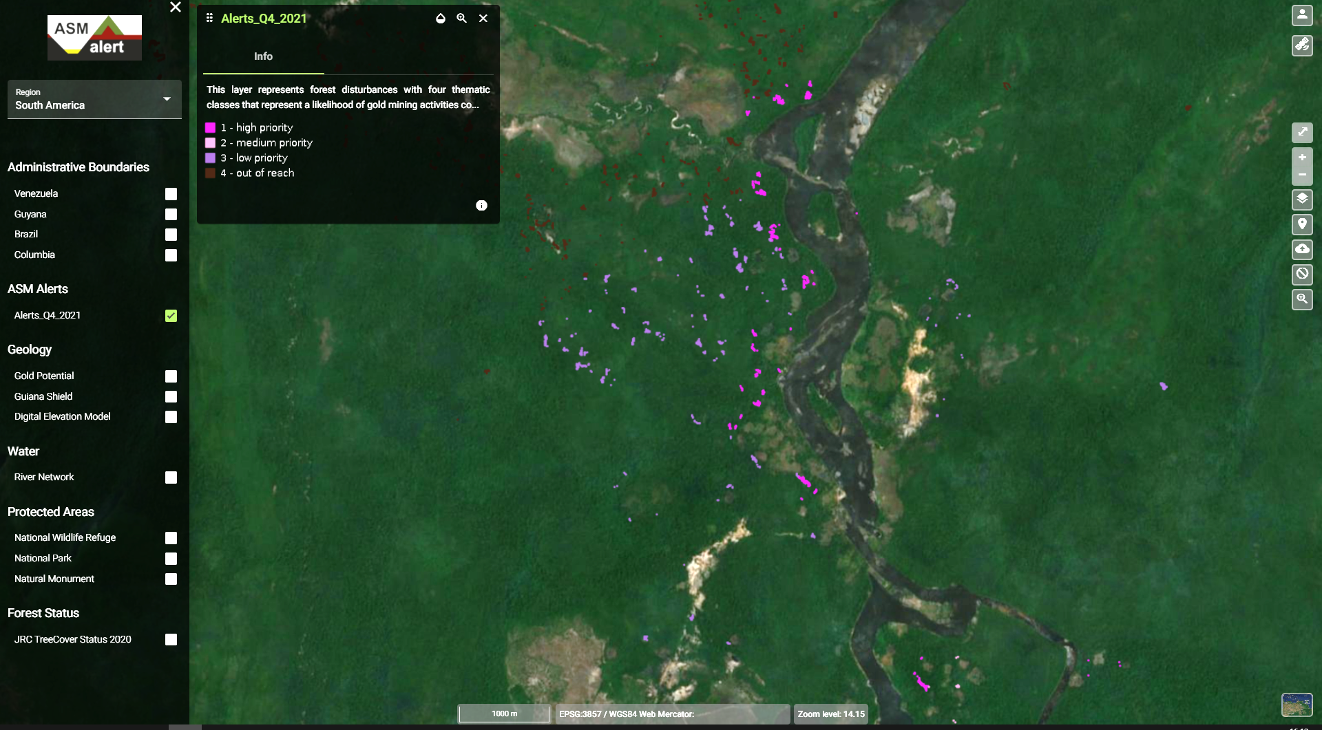  Detail example of ASM alerts for the Quarter IV in 2021 – lilac dots on the BING map background indicate new activity along river courses. The closer the dots are to the river, the higher the probability is that the forest disturbance relates to ASM.