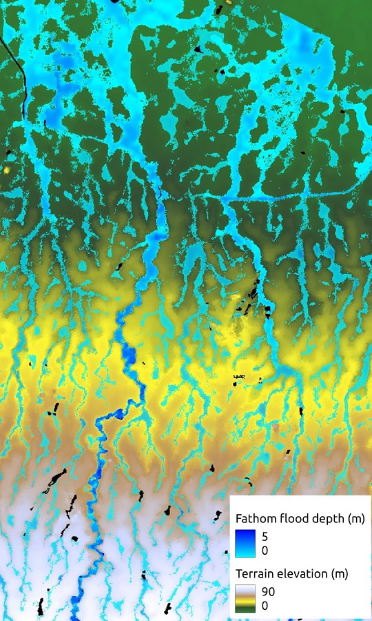 Flooding in the south of Jakarta, Indonesia, simulated using different terrain models: MERIT DEM (left) and FABDEM (right)