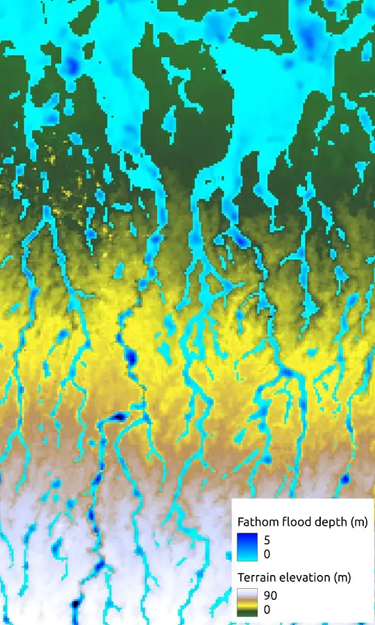 Flooding in the south of Jakarta, Indonesia, simulated using different terrain models: MERIT DEM (left) and FABDEM (right)