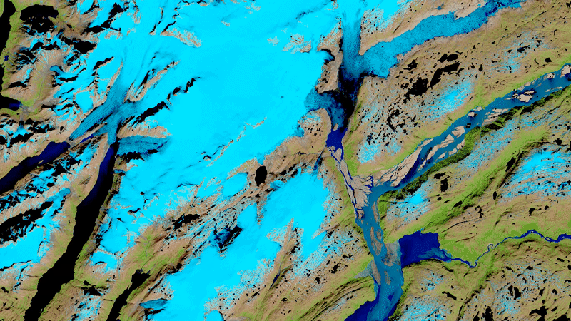 Short-wave infrared (SWIR) false color composite of glacial retreat near Innarsuit, Greenland from 2013 – present. (Source: NASA IMPACT)-Climate change