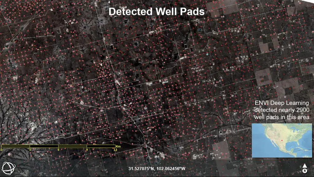 Figure: Automatically detected well pads in Texas from high resolution optical satellite imagery using ENVI® Deep Learning software (Source: L3Harris).