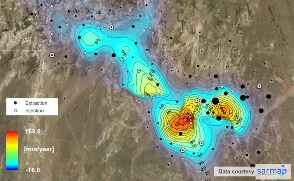 Figure oilfield ground displacement: Average yearly vertical displacement rate at an oil field obtained from SBAS Interferometric Stacking processing of satellite SAR time series. Positive values (i.e., land uplifts showing towards red) are mostly close to areas where fluid is injected (source: sarmap S.A.).