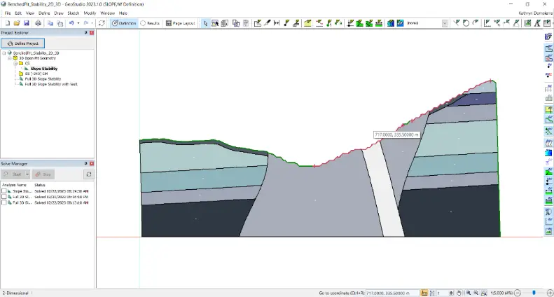 Figure 2: SLOPE/W 2D cross-section of a benched open pit mine. Now you can expand your analysis into 3D within the same project file.