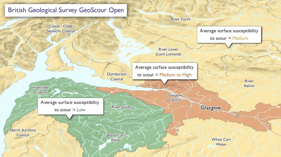 Data from BGS GeoScour Open showing a generalised overview of the natural characteristics and properties of river areas for the assessment of river sediment. Overlaid with data from OS Open Rivers, OS Open Zoomstack and OS Terrain 50. OS Data Hub