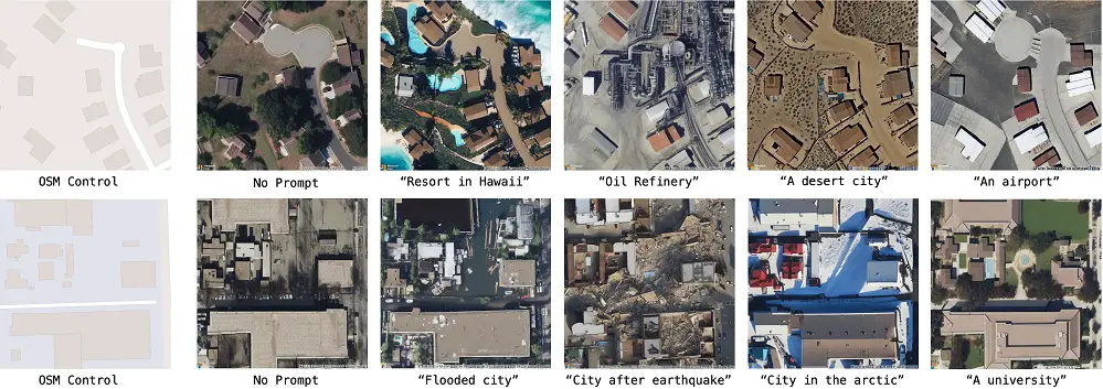 GeoSynth is a suite of models for synthesizing satellite images with global style and image-driven layout control.  (Image: Srikumar Sastry)-Satellite Images From Text Prompts