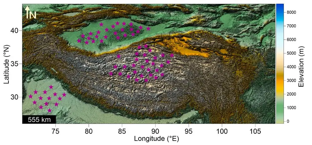 A few locations on the Tibetan plateau (say virtual GPS location) where we have predicted the velocity vectors from ML predictive models. Crustal Velocity Prediction 