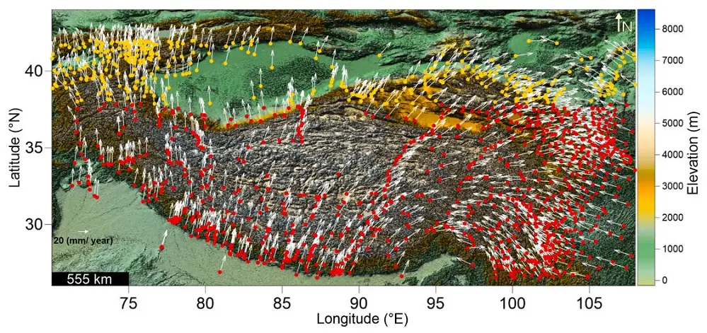 Coordinates of GPS stations in the Tibetan Plateau and surrounding area. The length of the arrow denotes the magnitude of the resultant velocity vector, and the direction of the velocity vectors is measured by its angle from north. The position of the stations marked with red color are used for training, whereas the position of the stations marked with yellow color are used for testing. 