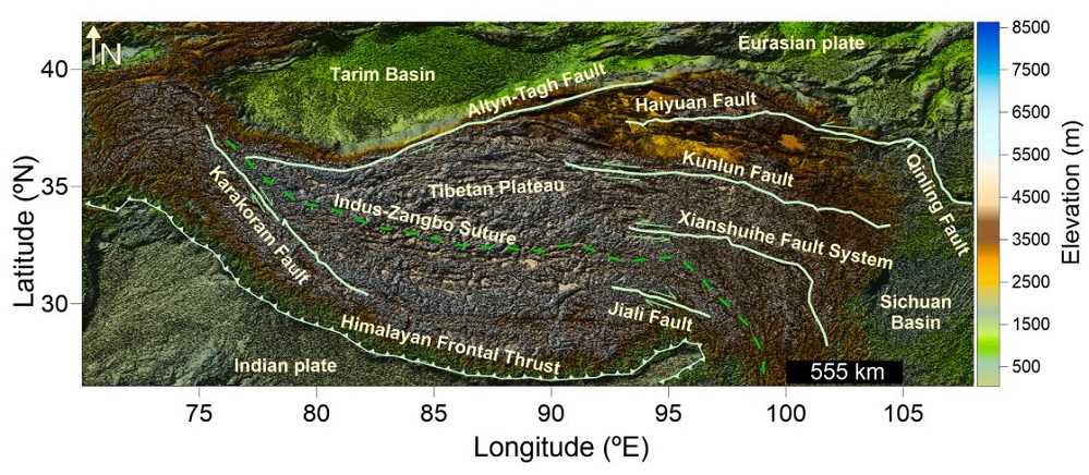 crustal velocity prediction-Geographical location of the study area in the Tibetan Plateau and surrounding region. 