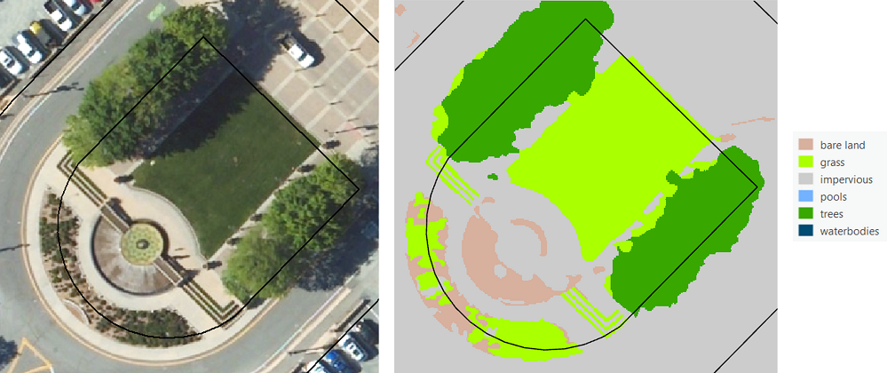 Figure 1. When 60-centimeter resolution aerial imagery (left) was used to generate a land cover map (right), the model misclassified the trees as grass. (Source: DCSE, Inc.) 