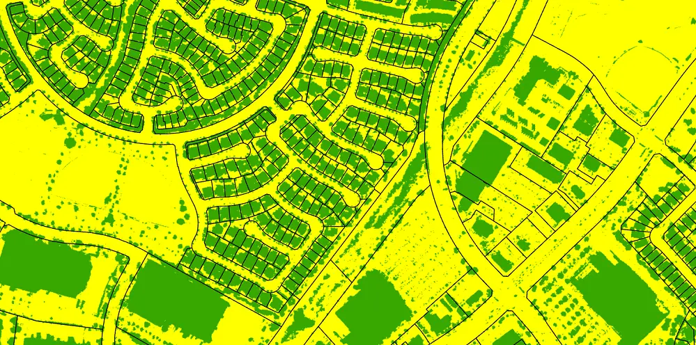 Figure 4. The model applied a height filter using DSM data where the yellow areas represent land cover under 5 feet and the green areas show greater than 5 feet. (Source: DCSE, Inc.) 