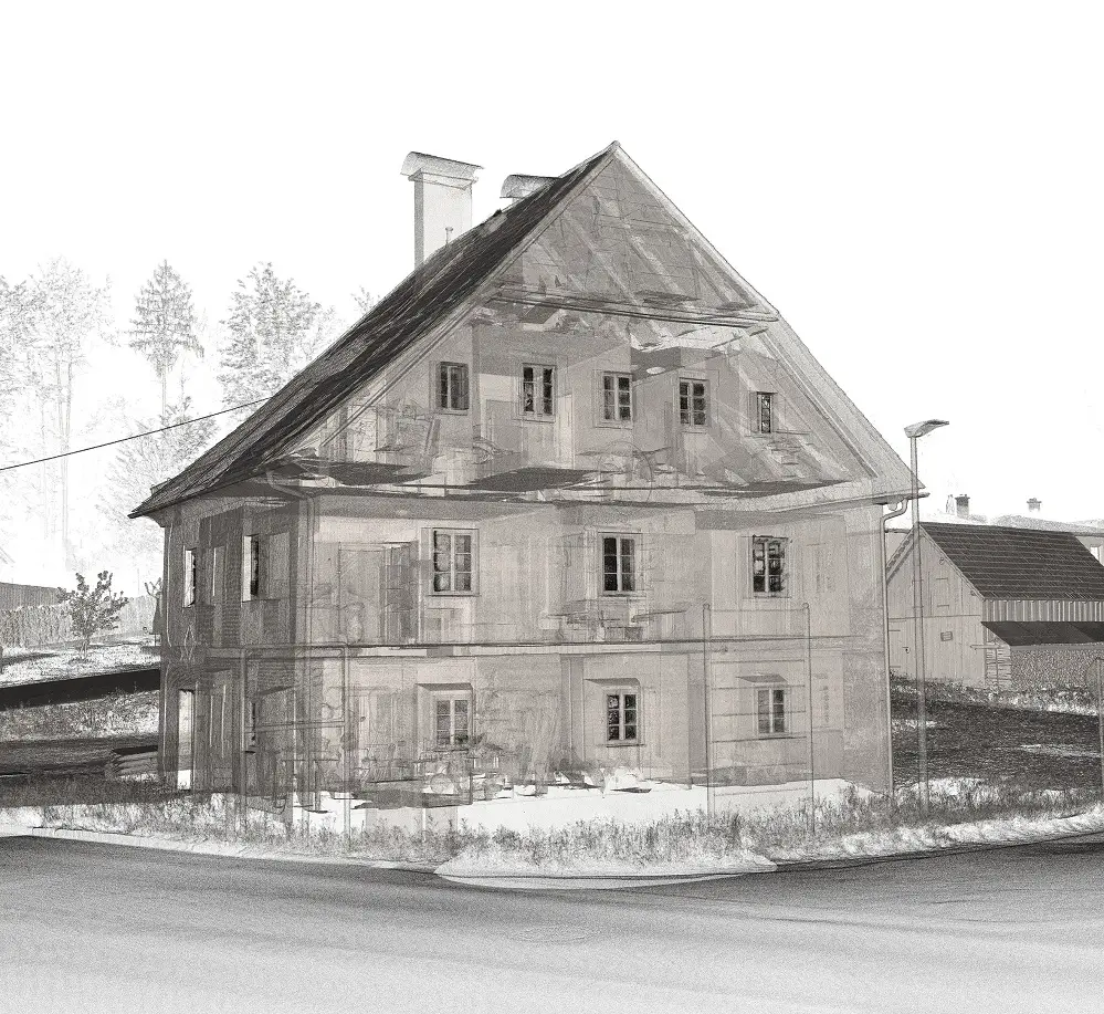 Right: Data captured with the RIEGL VZ-600i from the house of the former logging dam operator in Halstatt